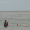 Wade AnglerTom Oliver of Gilchrist fighting a big surf trout he caught on a topwater.