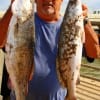 Alvin angler James Fontenot hefts 2 of his many trout he caught on soft plastics.