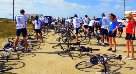 Wounded Warrior Vets arrive to take part in the bike-a-thon ride from Rollover Pass to Fort Travis