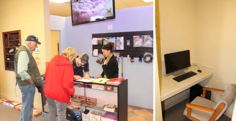 (L) Matthew and Chelsea discussing satellite TV options with Mac and Brenda McDonald; (R) one of two Internet stations