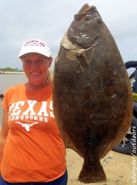 Wading Rollover Bay with live shrimp, Port Bolivar anglerette Nancy Talley freelined the tidbit for this nice flounder