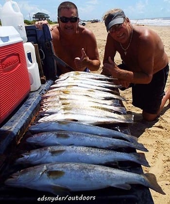 High Islanders Dennis Boeker and Gene Rice waded right into a feeding spree of trout and baitfish to tailgate these nice trout