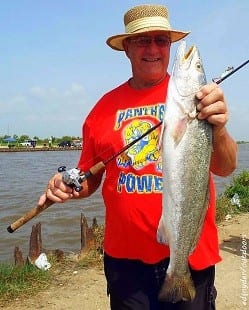 Rollover trout wrangler Chuck Meyers landed this 27.5 inch 7.2 lb gator-speck on a Hogan-R