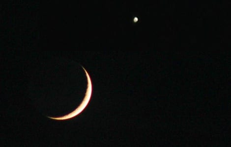 The Moon and Venus visible in the western sky on Saturday evening
