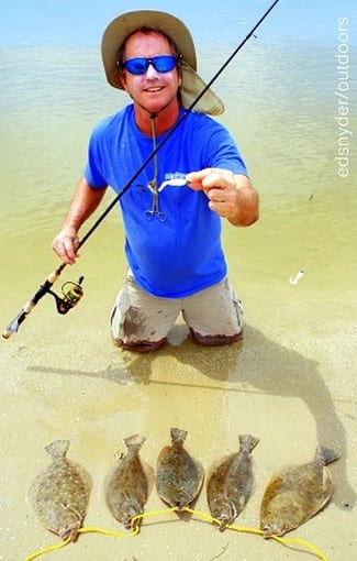 Brenden Hatcher of Spring TX waded Rollover Bay with berkely gulp to tether up this 5 flounder limit