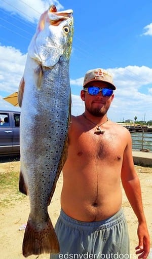 High Islander Ethan Mcalpin worked a voo-doo shrimp in the surf to nab this nice 24inch speck