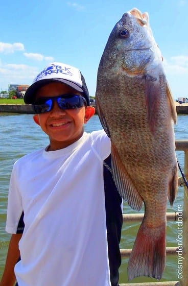 Young angler Christian Vandebrook of Cypress TX caught this nice keeper eater drum while fishing squid