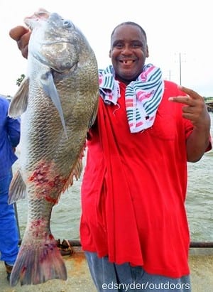 Reginald Philio of Humble hefts this nice drum caught on shrimp