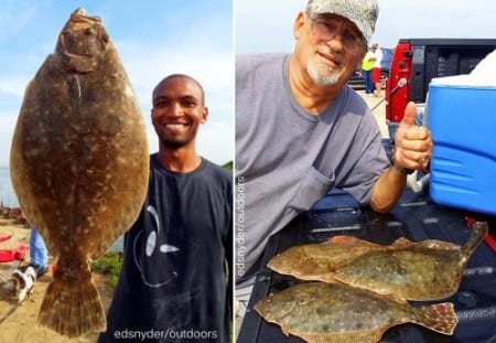 Ricardo Desmore of Houston took this nice flounder on dead shrimp; Alvin angler James Fontenot managed these nice flounder fishing gulp