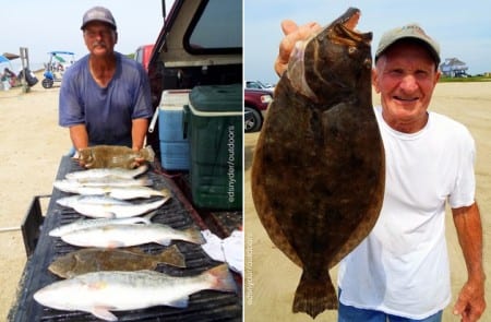 Six Trout, Three Flounder, and 2 Smacks by noon-30- said George Bryan of Beaumont; Hughie Singleton of Winnie landed this nice flounder while fishing live finger mullet