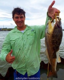 Houston angler Aaron Riley tethered up this nice red and flounder while fishing finger mullet and berkely gulp