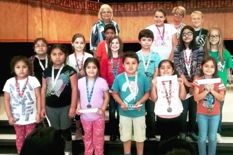 Crenshaw elementary students who won the Crabfest poster contest: Row 1 L-R: Sofia Tovar, Yaremy Herrera, Sol Gutierrez, Eduardo Rodriguez, Sarita Perez, Maddie Blume Row 2 L-R: Carol Guevara, Jada Browning, Cassidy Weber, Ivan Hernandez, Jiya Desai, Lillian Dailey Row 3 L-R: Freddy Ortiz, Sophie Clark, Ryan McClelland